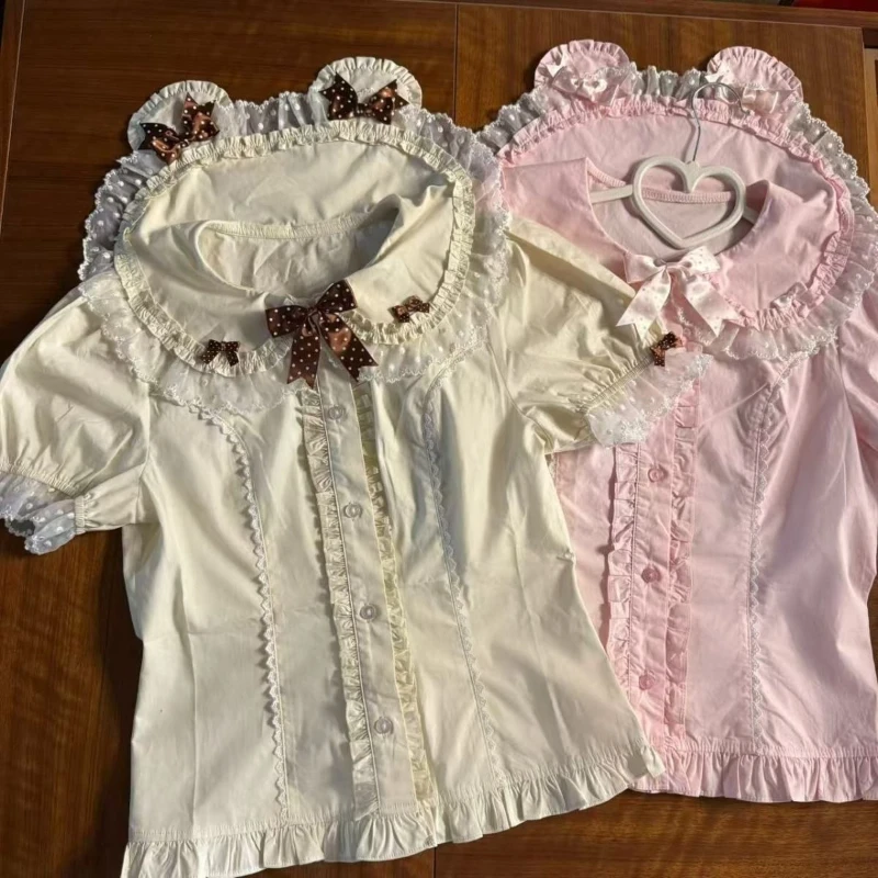 Japanese Kawaii Short Sleeve Blouse Peter Pan Collar Women Sweet Vintage Shirt Vintage Lace Bow Patchwork Bodycon Cute Casual