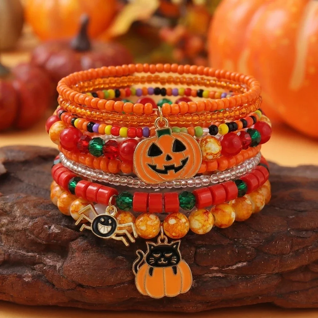 Halloween Multilayer Beaded Stackable Bracelets Set, Gothic Charm
