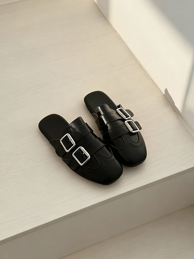 sheepskin-version-comfortable-flat-bottom-mules-british-style-women's-slippers-round-toe-double-buckle-not-tired-to-wear-outdoor