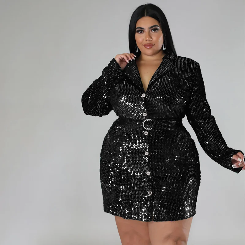 Women Plus Size Suit Dresses Fashion Lapel Long Sleeve Sequin Blazer Elegant Casual Lady Solid Color Jacket Dress For Party