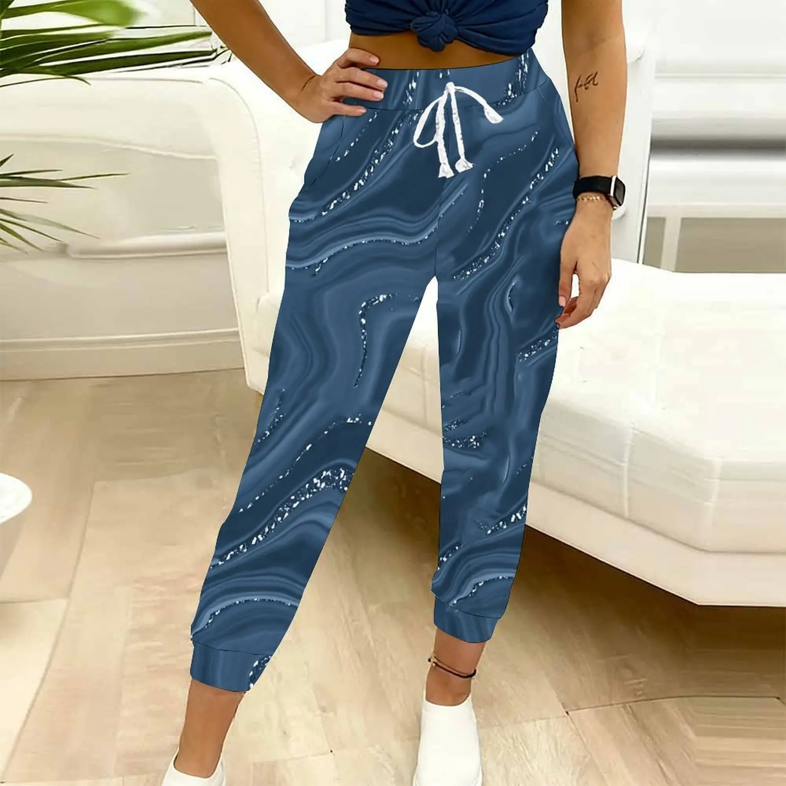 Autumn Winter Women's Printed Ninth Pants Drawstring Pocket Sjogging Pants Vacation Casual Pants