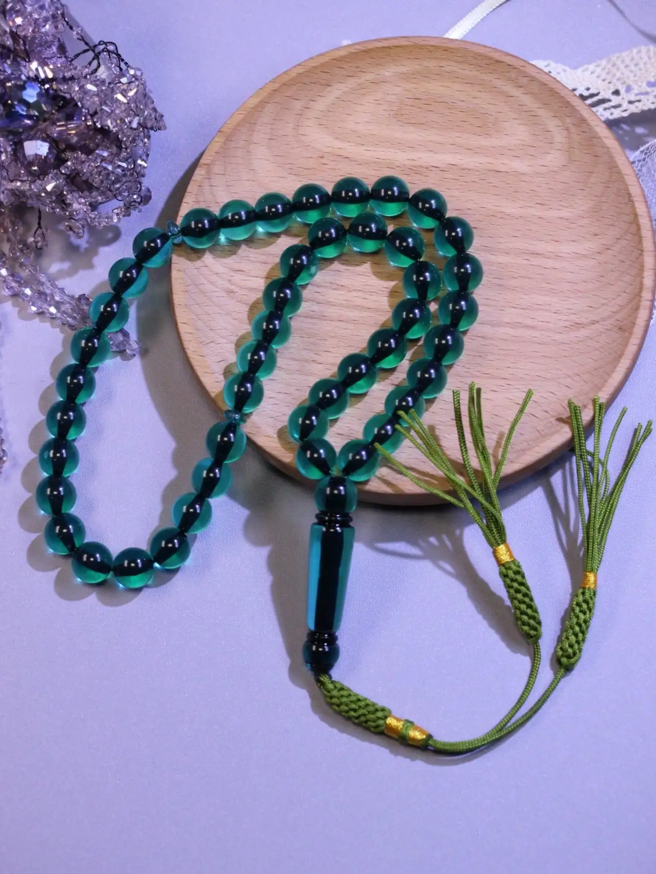 1PC Crystal Green 45Pcs 10mm Tassel Pendant Islamic Prayer Beads Resin Hand Woven Muslim Tasbih Perfect for Eid al-Fitr Ramadan - view 5