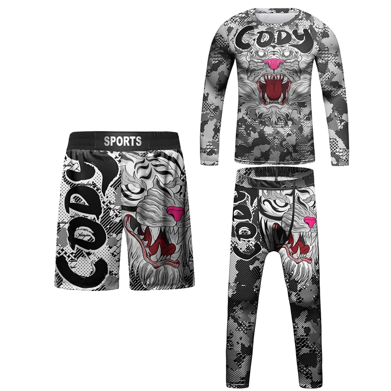 4PCS Sports Set Bjj Rashguard Kids MMA Compression Shirt Pants Shorts Children Rash guard Jiu Jusit GI Muay Thai Gym Sportsuits