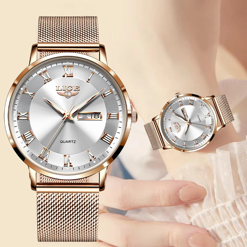LIGE Elegant Fashion Quartz Women's Wristwatch Classic Luxury Ladies Bracelet Simple Dial Waterproof Date Mesh Belt Woman Watch