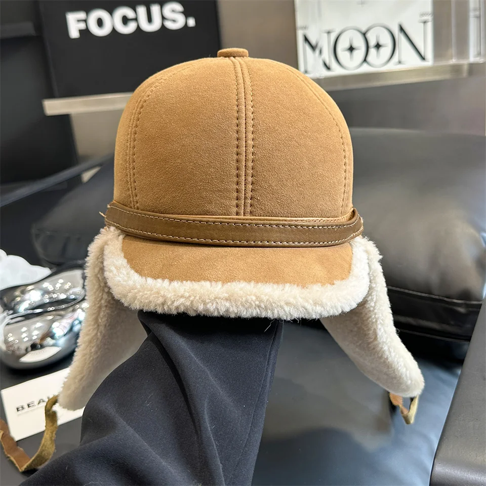 Neue Winter Herren Echtleder-Mütze mit Lammfell, Warme Dicke Ohrenklappe, Herren-Baseballkappe aus Schafsfell, Russische Mütze – Detail 3