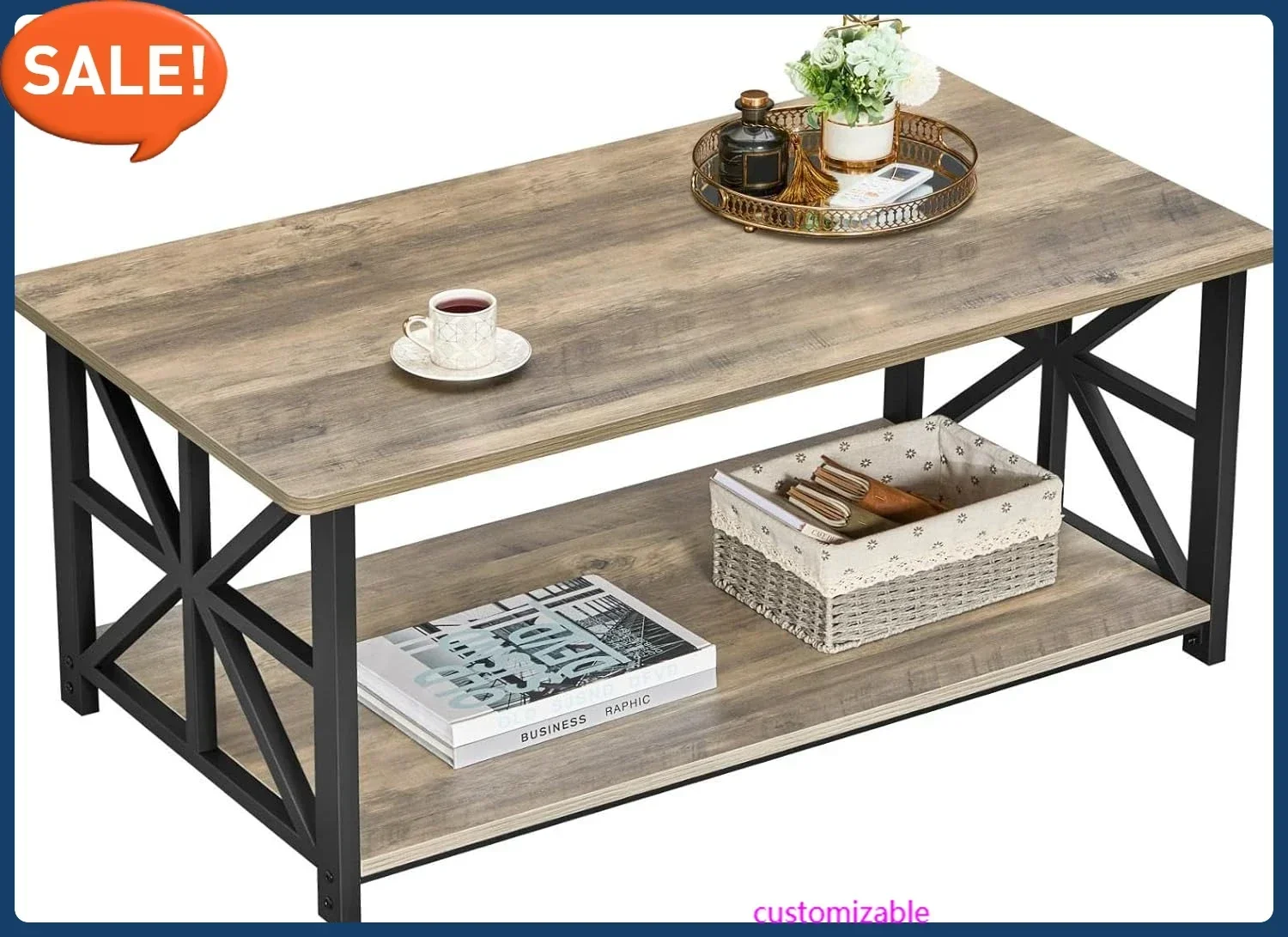 

Coffee Table for Living Room with Round Corners Farmhouse Style Center Table with Storage Shelf 39 Inch Space Saving