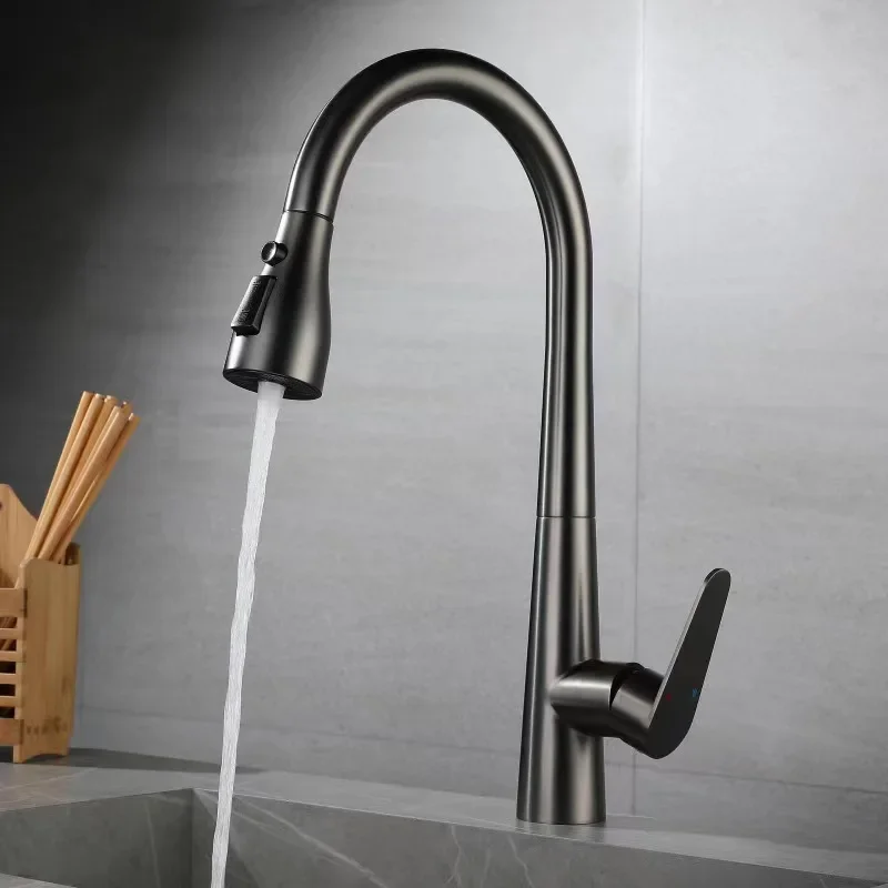 

Grey 304 Stainless Steel Kitchen Faucet Brushed Gold Pull Out Hot And Cold Mixed Water Sink Faucet Multifunctional Kitchen Tap