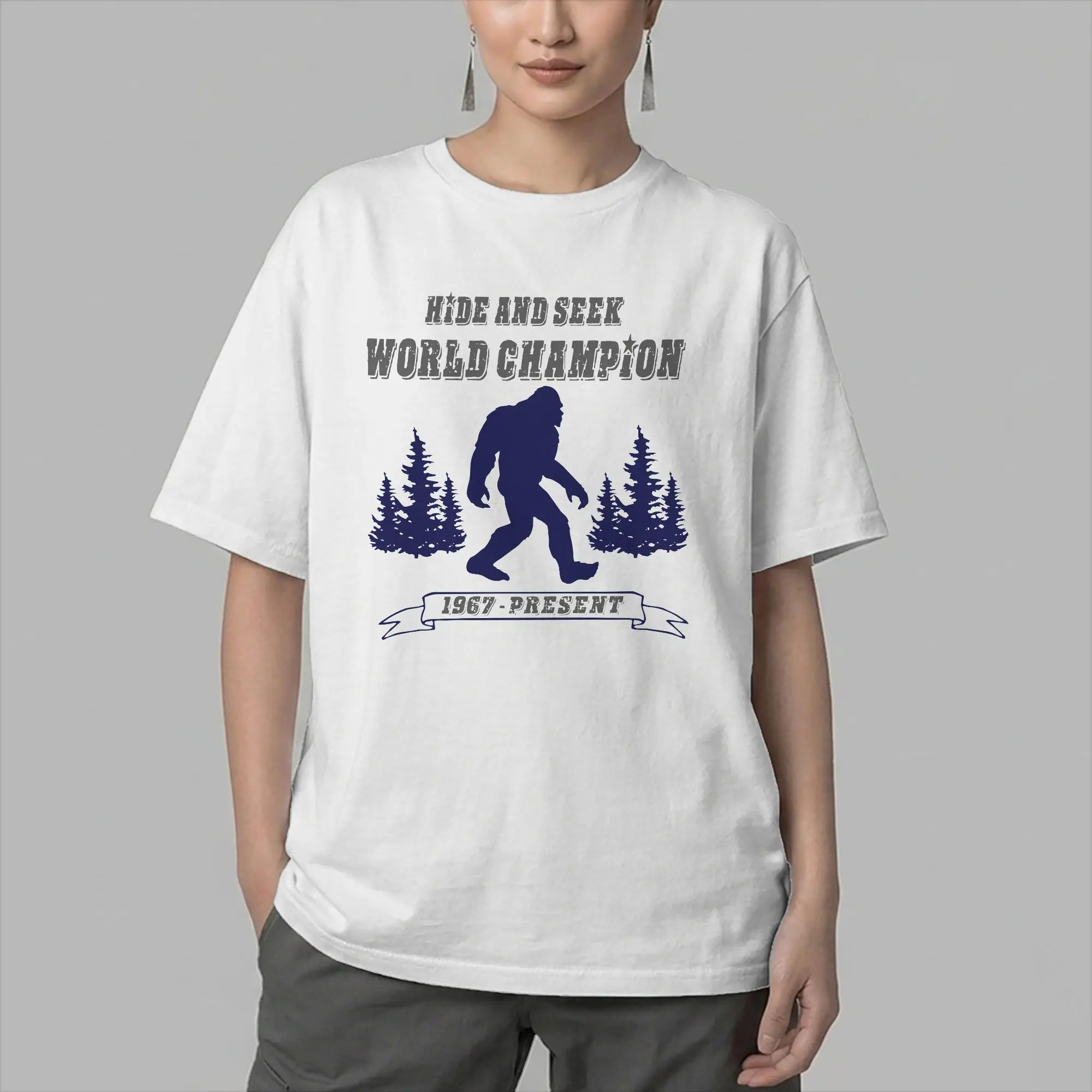 Casual Gorilla Bigfoot Hide and Seek World Champion T-Shirt Men Crewneck Cotton T Shirt  Short Sleeve Tee Shirt Summer Clothes