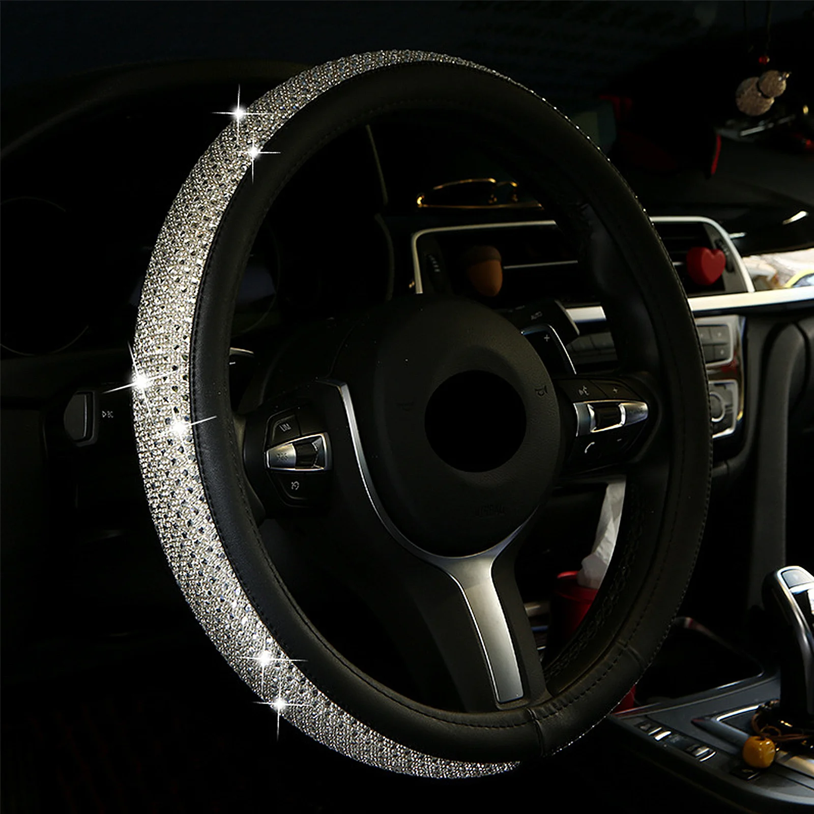 

1 pc Anti-Slip Steering Wheel Cover Summer Cool Ice Silk Design Rhinestones Decorative Car Interior Accessory For Most Models