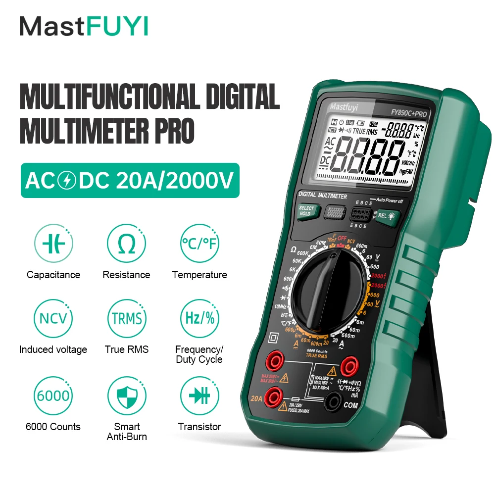 

MASTFUYI Digital Multimeter 6000 Counts True RMS 20A /2000V AC/DC NCV Capacitance for Electrician PV Solar Mining Industrial Use