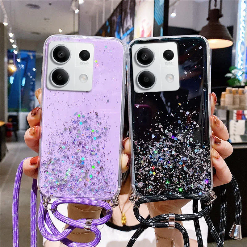 Xiaomi Redmi için Not 13 Pro 4G Artı 5G Lüks Glitter Kayış Kordon Kolye Kordon Kılıf Mi Poco X6 M6 Note 13 13pro Arka Kapak