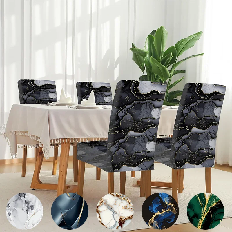 Luxury Black Marble Pattern Chair Protector, Elastic Stretch Spandex Chair Cover for Dining Room, Modern Home Decor