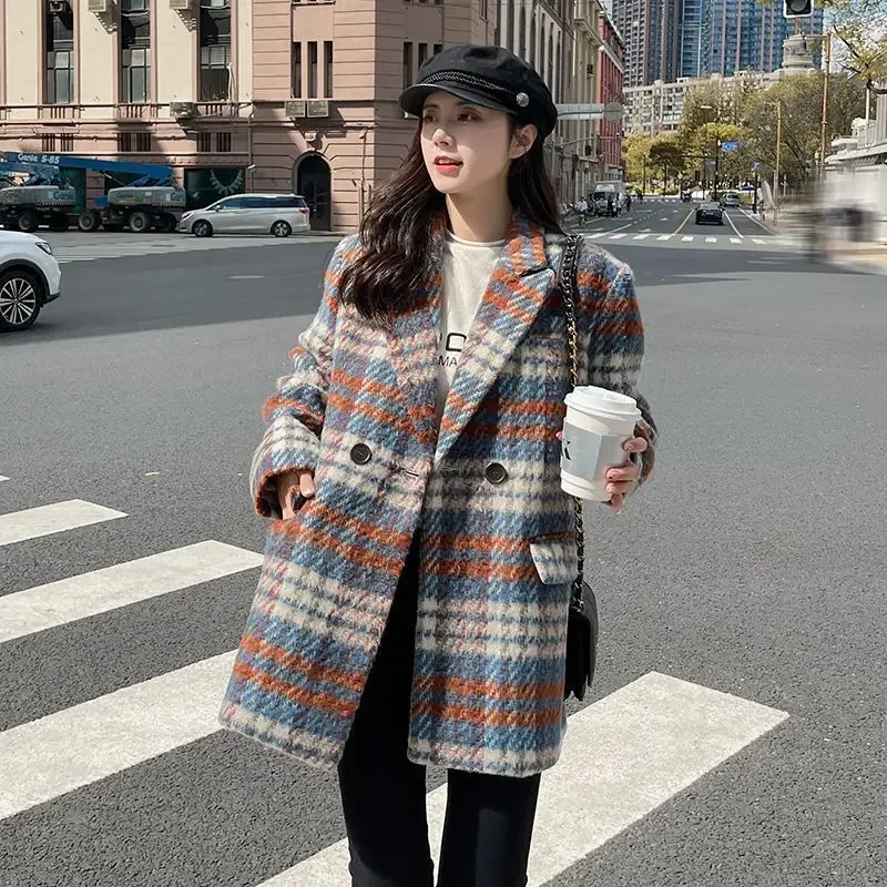 Gabardina de lana y mezcla para mujer, abrigo largo a cuadros, chaqueta a cuadros, Blazer de Tweed