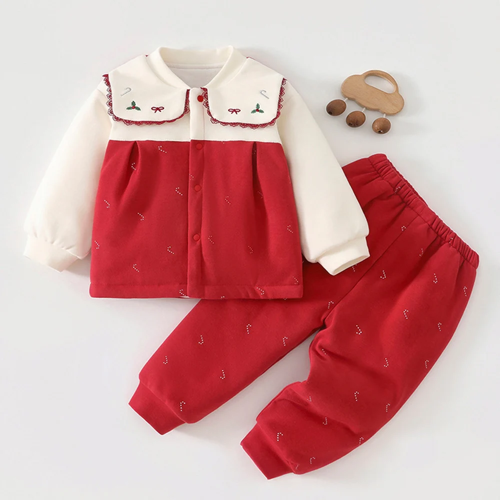 

Китайский новогодний наряд для маленьких девочек, стеганые утепленные красные топы с длинными рукавами, брюки, зимние комплекты одежды из двух предметов для маленьких девочек