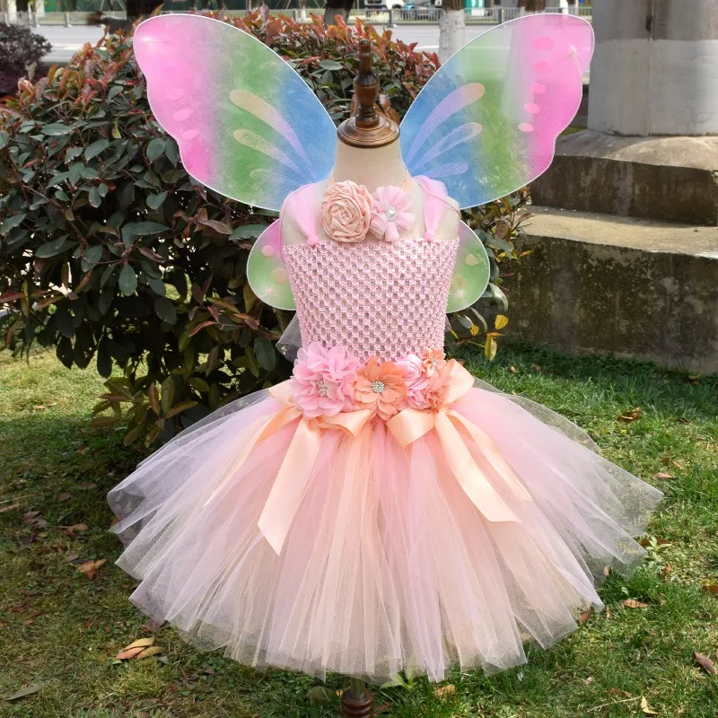 Kids Floral Themed Dress,  Tulle Floral Decorated Tutu Skirt, Halloween Dance Performance Costume,  Daily Casual Dress