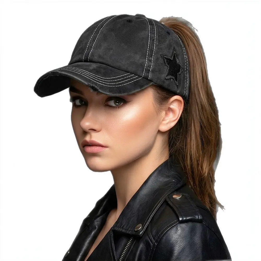 Distressed Cotton Ponytail Baseball Cap Sequined Star Vintage Adjustable Outdoor Sport Sun Protection Hat view 2