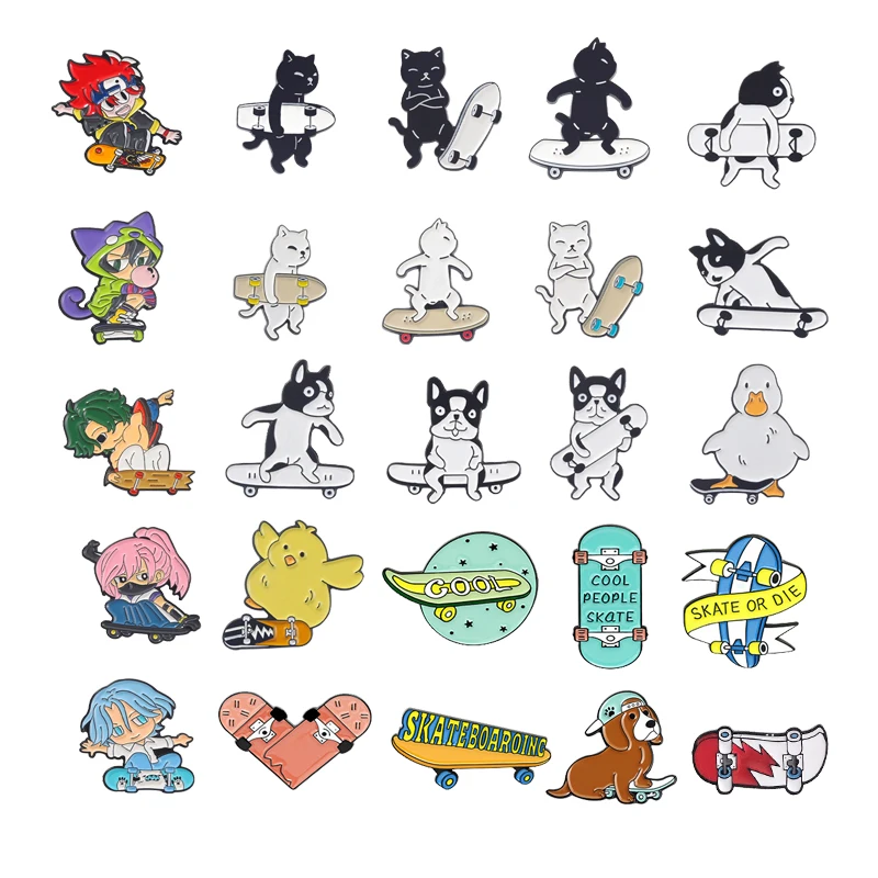 Fashion Anime Skateboard Alloy Enamel Brooch Cartoon Cute Cool Dog Cat Chick Badge Trendy Unique Lapel Backpack Jewelry Gift