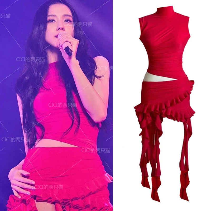 

Sexy Red Irregular Dress Women Korean Kpop Singer Costume Y2K Concert Stage Jazz Dance Performance Clothes Party Dress JL5733