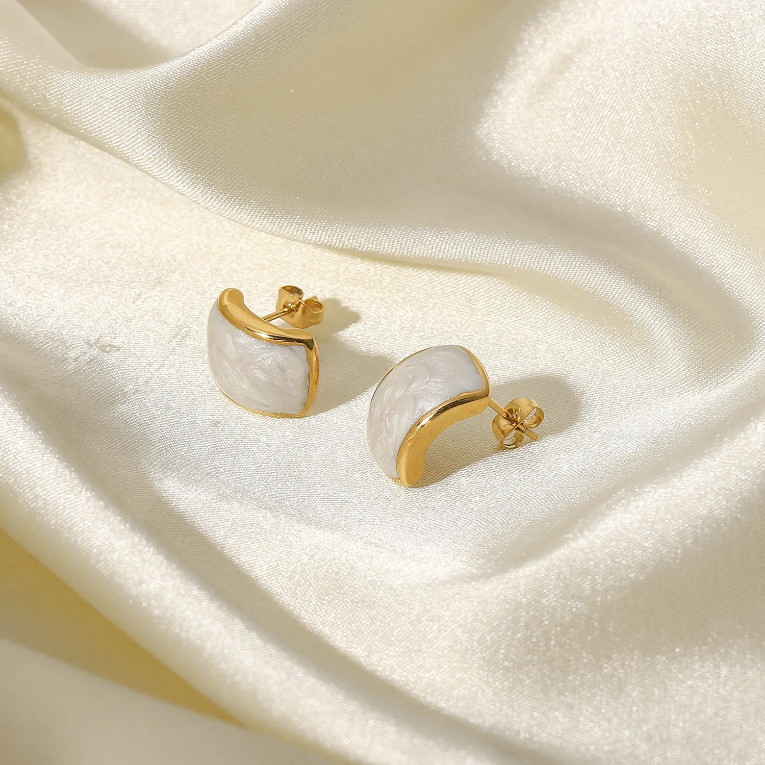 16K Gold Plated Stainless Steel Swirl White Pearlized Emanel Dome Stud Earrings For Women Girls Tarnish Free Jewelry Gift