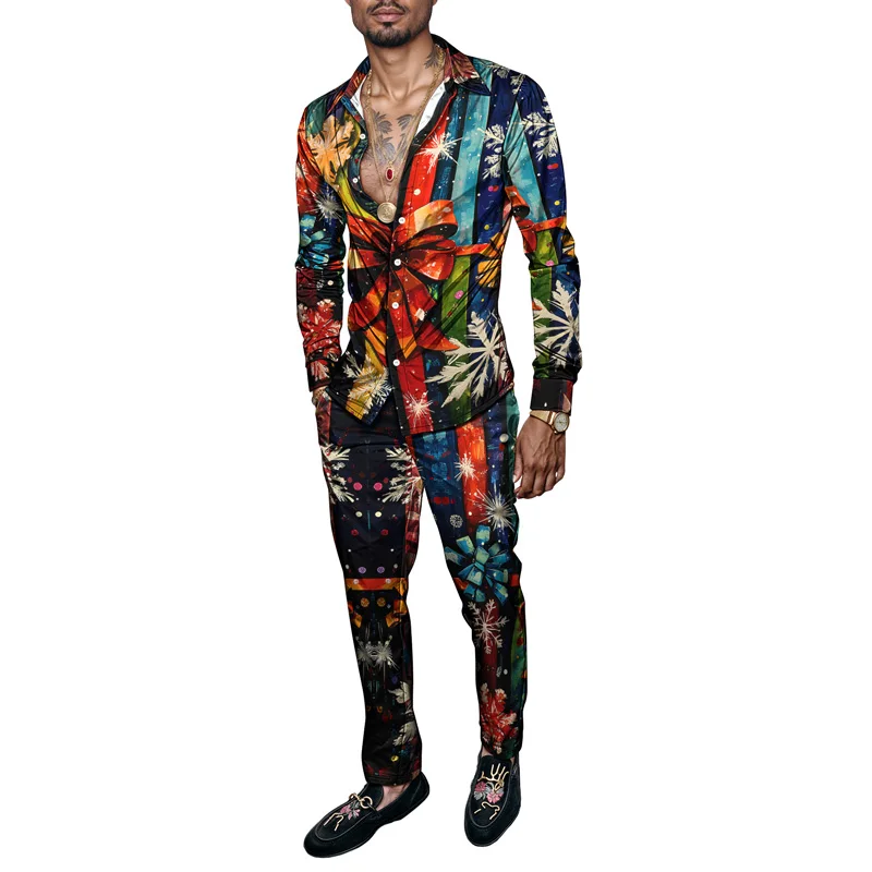 

2025 Trendy Spring Summer Men Shirt Set Christmas Print Fashion Gingerbread Man 2 Piece Set Mens Snowman Lightweight Party