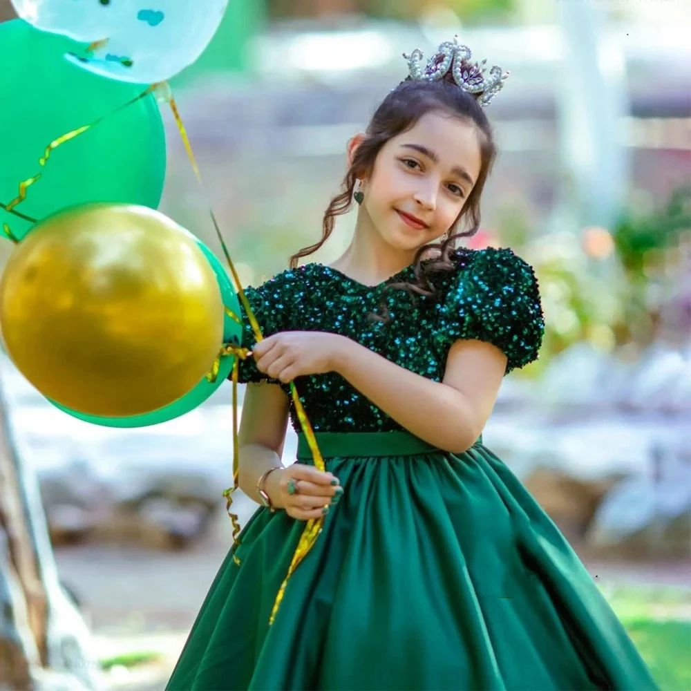 Vestidos de flores verdes para niña, cuello redondo, lentejuelas, manga corta hasta la rodilla, satén, fiesta de cumpleaños y boda, 2024