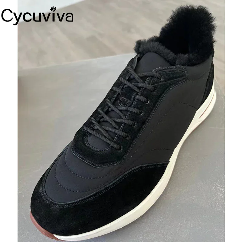 Hot Sale Winter Wool Flat Platform Men\'s Sneakers Suede Leather Tennis Shoes Warm Thick Sole Casual Fur Daddy Shoes Male