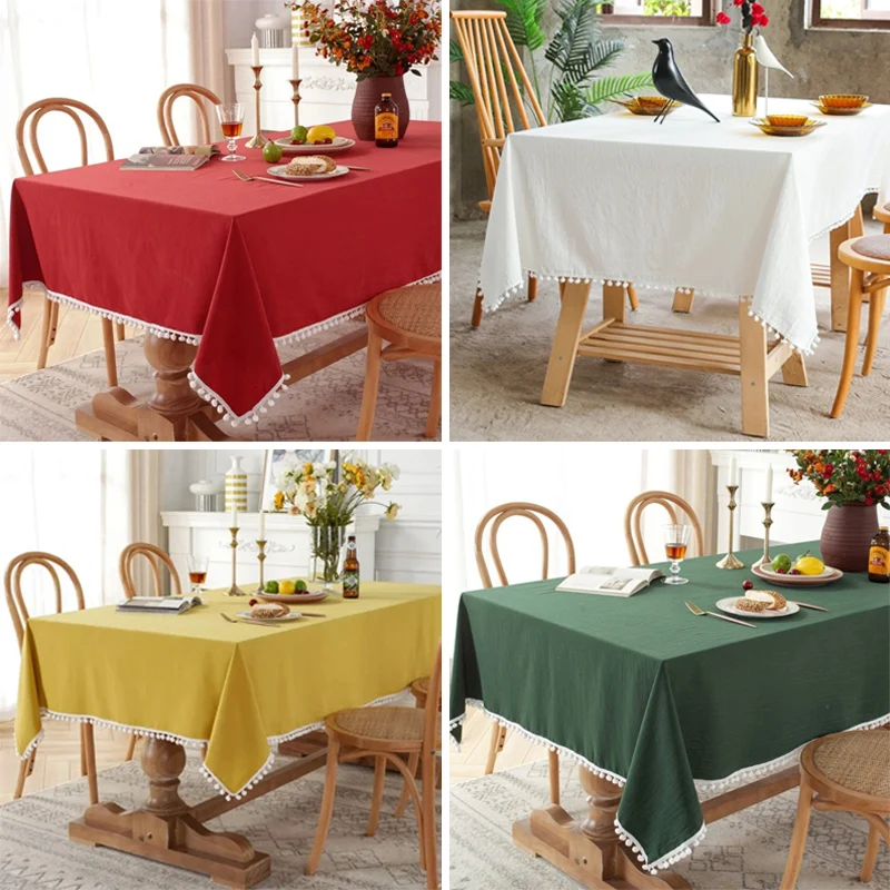 Farmhouse Solid Color Tablecloths Cotton Square Fabric Pompom Tassel Washable Table Cover for Kitchen Dinning Wedding Decoration