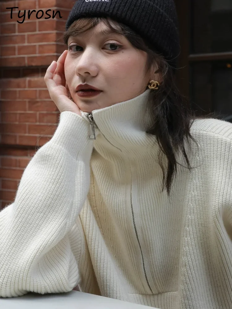 

Pullovers Women Solid Half Zippers Turtleneck Autumn New Fashion Knitted Long Sleeve Thicken Warm Tops Loose Pullover Sweaters