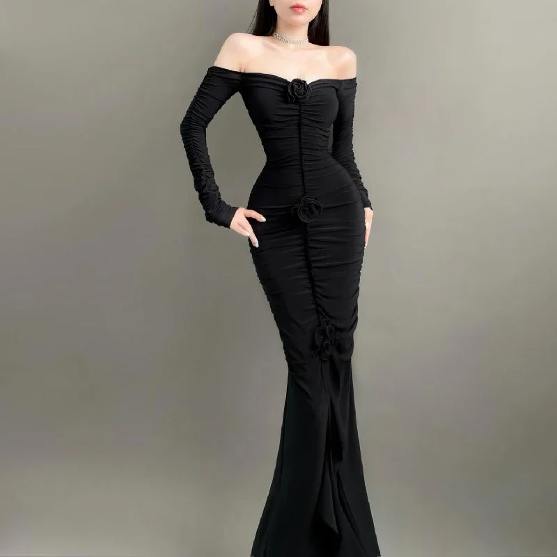 DSMTRC Gothic Slash Neck Long Sleeve Maxi Dresses For Women 2024 Elegant Fashion Off Shoulder Dark Flower Ruffles Long Dress