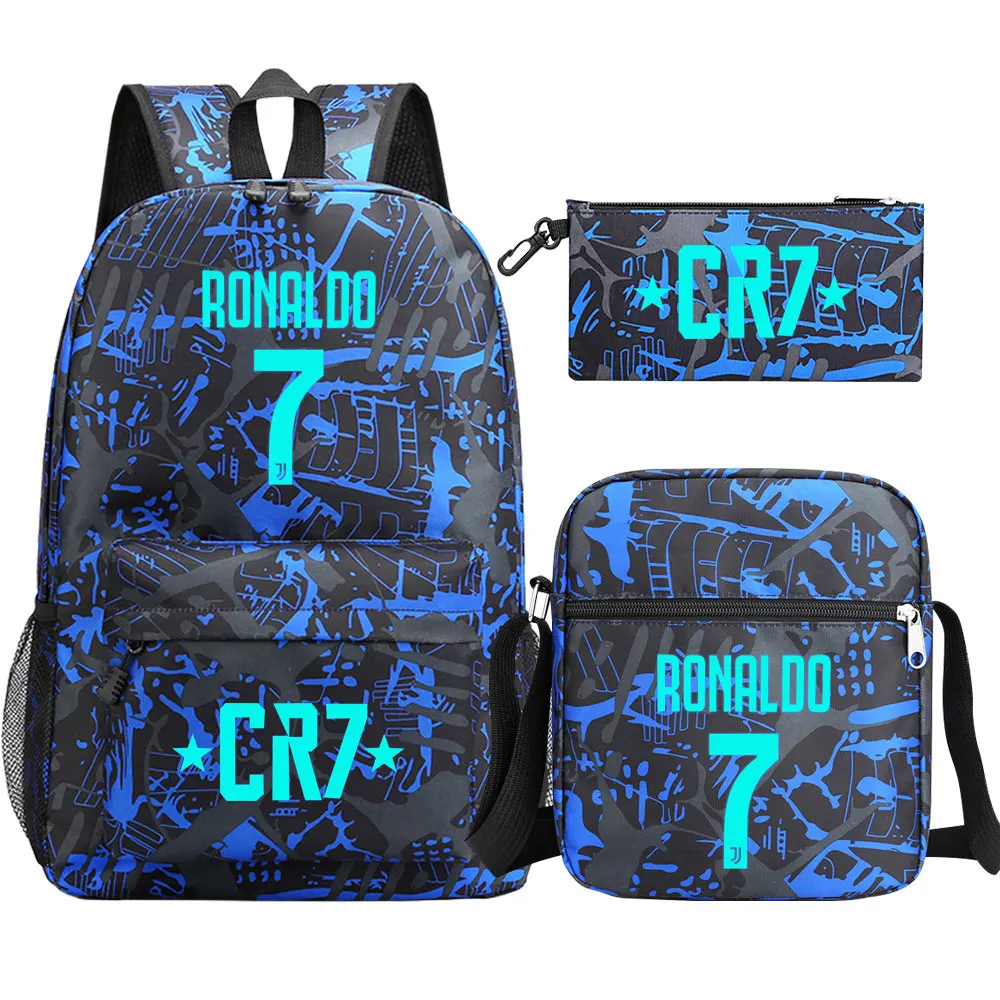 Mochila escolar grande impermeável para mulheres, bolsas de ombro para estudantes adolescentes, CR7, tendência da moda, 3 peças