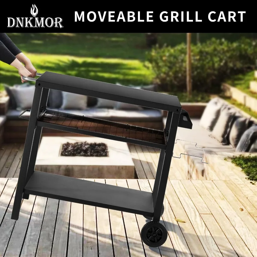 Dining Cart Table with Three Shelf Movable Outdoor BBQ Grill Pizza Oven Stand with Three Hooks Kitchen Cart Island Multifunctio