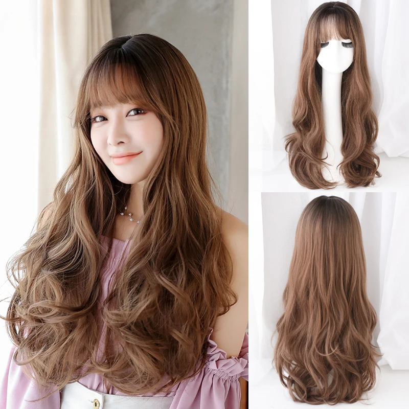 7JHH WIGS Loose Deep Wave Honey Blonde Wig with Bangs High Density Heat Resistant Synthetic Layered Hair Wigs with Dark Roots