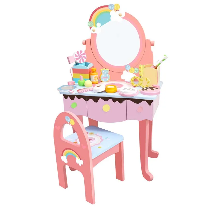 새로운 어린이용 시뮬레이션 나무 화장대 여자아이 장난감 놀이 화장 세트 화장대 놀이집 여자아이 장난감 어린이 선물