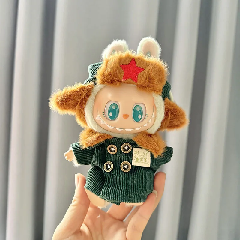 17cm Plush Doll's Clothes The Monster Labubu Outfit Accessories Clothing DIY Lei Feng Army Green Coat Red Star Hat YD02E