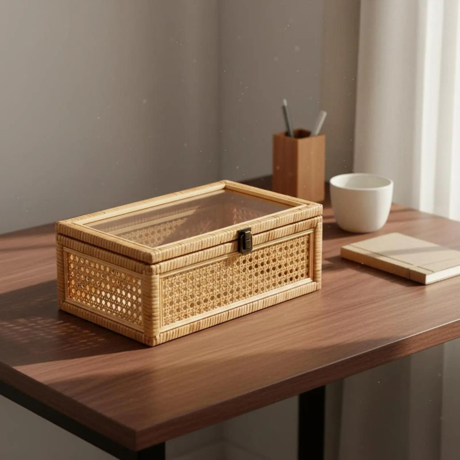 

Rattan Storage Box with Clear Lid Vintage Design Woven Cane Display Box for Desktop, Bedroom