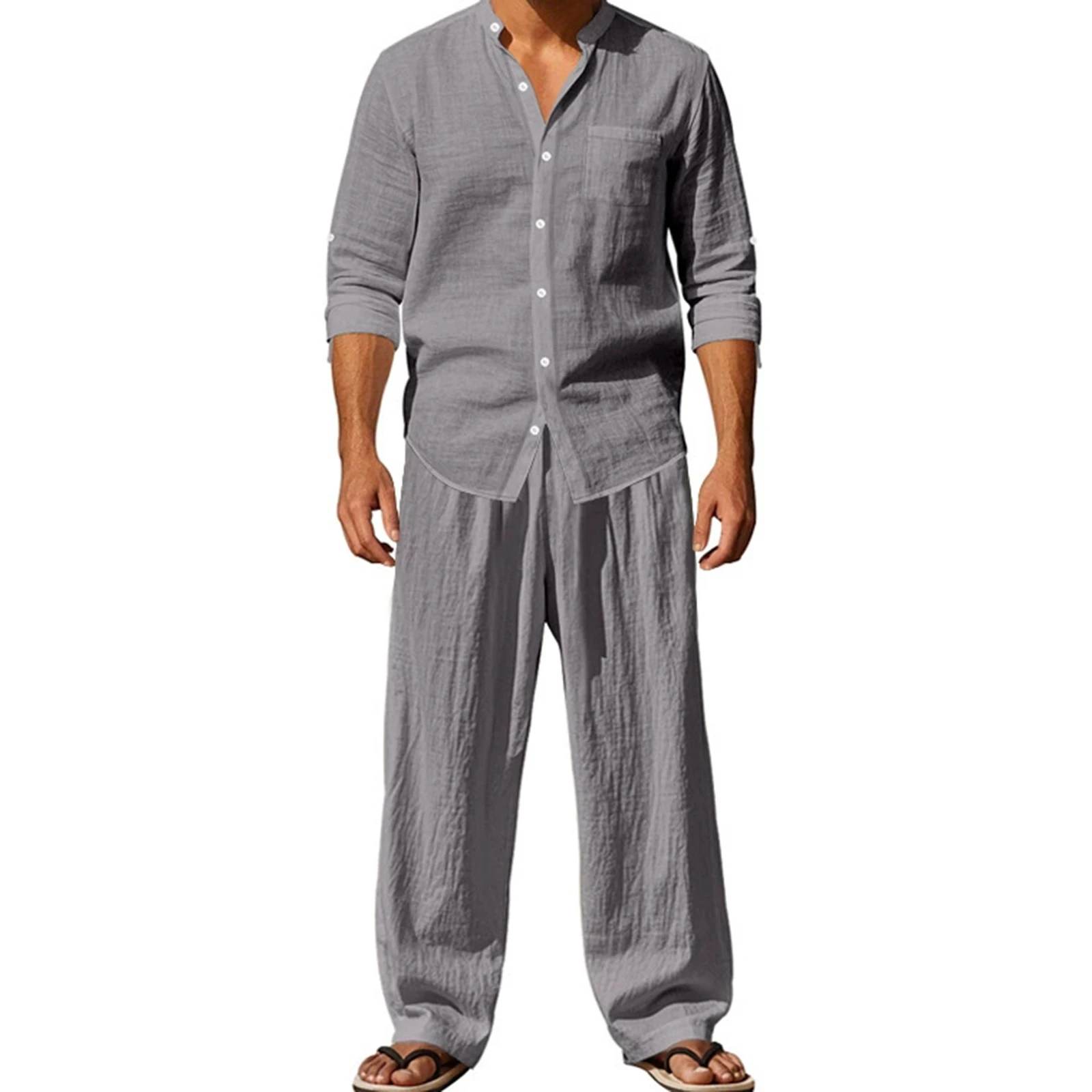 

Men s Linen Beach Outfits Sets Casual Loose Fit Button Down Long Sleeve Tops and Pants 2 Pcs Set