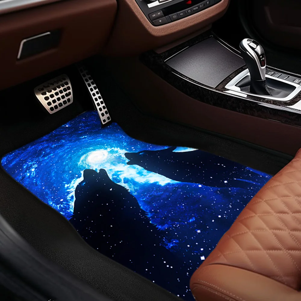 Cosmic Wolf Starry Night Car Floor Mats - Universal Fit Polyester Fiber Vehicle Mats For All Seasons, Durable, Comfortable, Inte