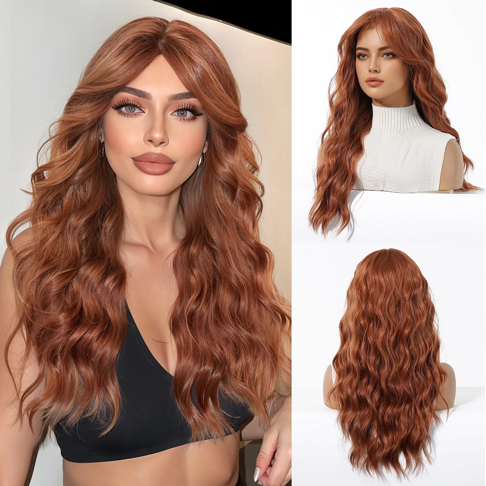 

European and American wig female orange long curly hair big waves Qi bangs simulation breathable full headgear type