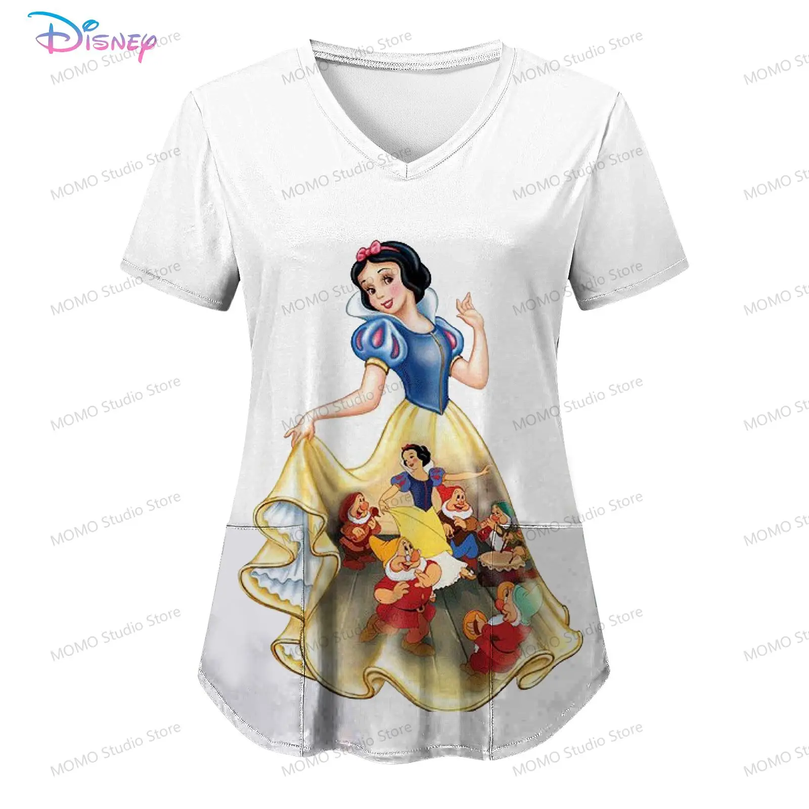 Pocket Disney Princess Women's V Neck Nurse Uniform T-Shirt Short Sleeve Tee Street Wear S-2XL Woman Clothing Tops 2024 Kawaii