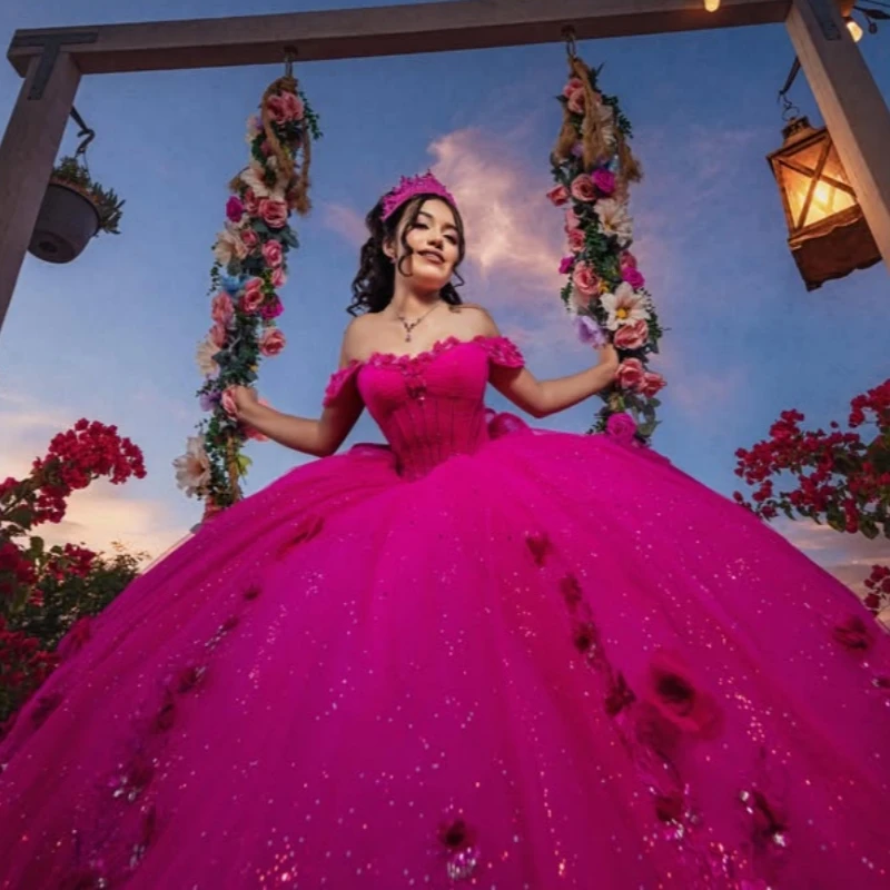 

Rose Red Shiny Ball Gown Quinceanera Dresses Applique Flower Beading Crystal Bow Tiered Tull Corset Off The Shoulder Sweet 16