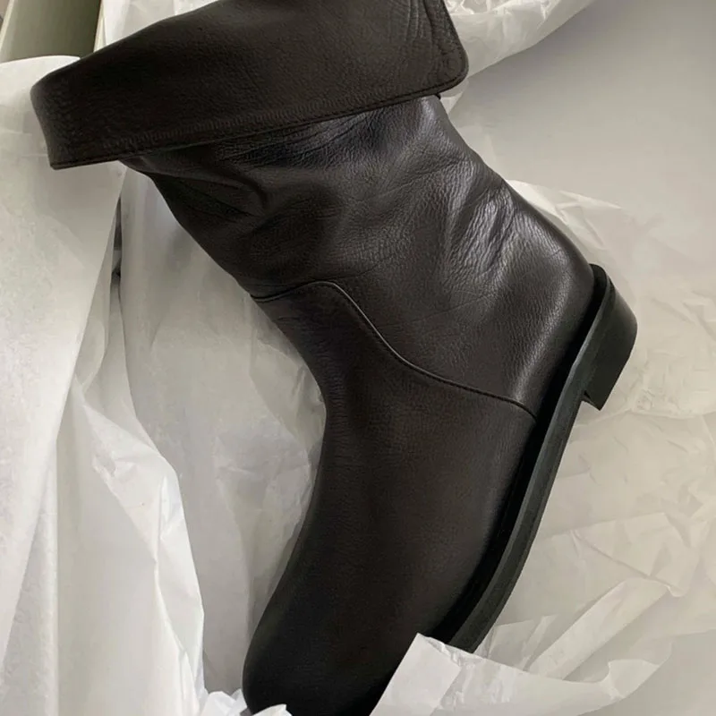 Fashion Design Folding Women Boots 2025 Winter Cow Leather Mid-tube Knight Boots Female Korean Style New Short Boots Ladies