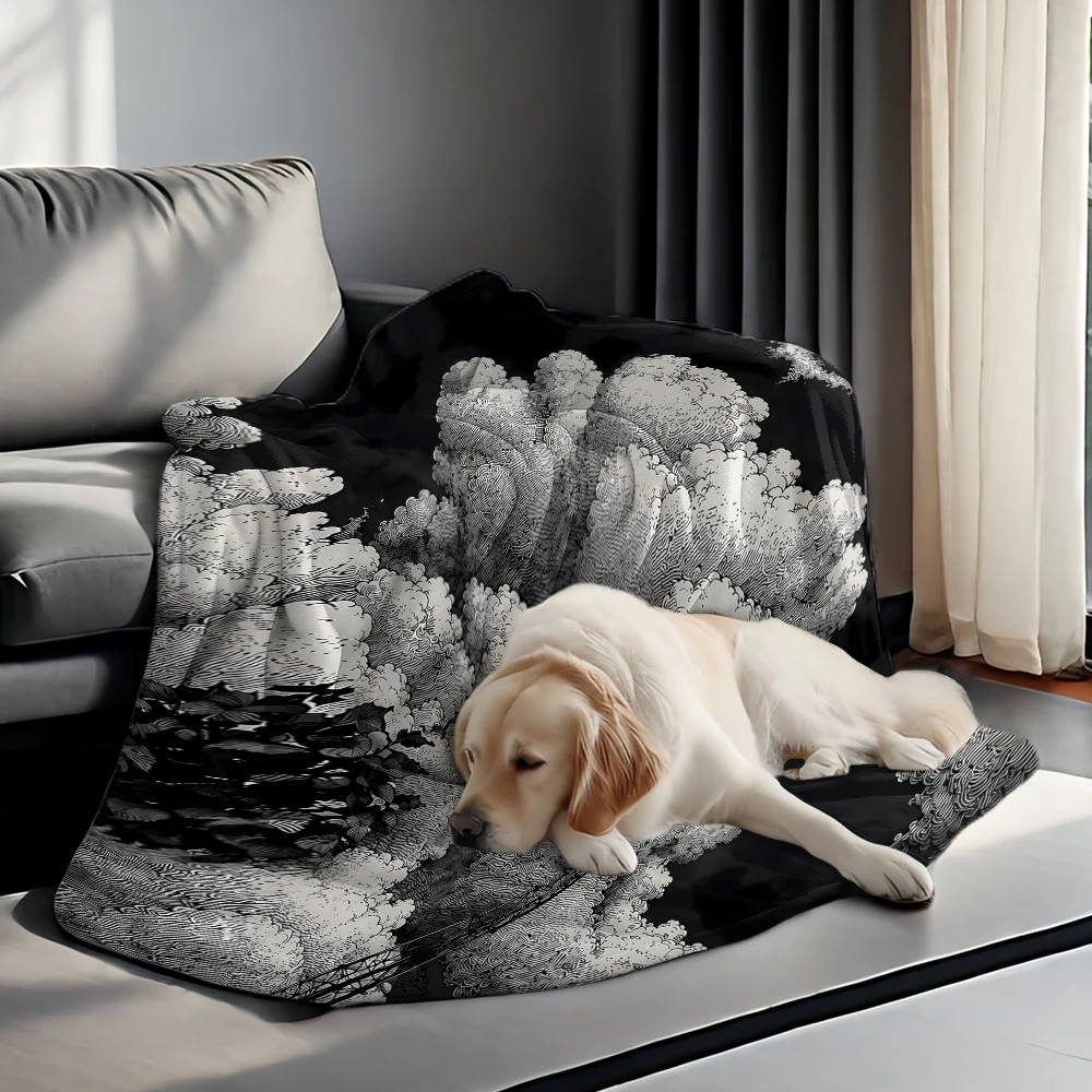 White Clouds Line Dark Lightweight Flannel Blanket Breathable Cozy Throw Blanket for Spring Summer Sofa Bed Air Conditioning