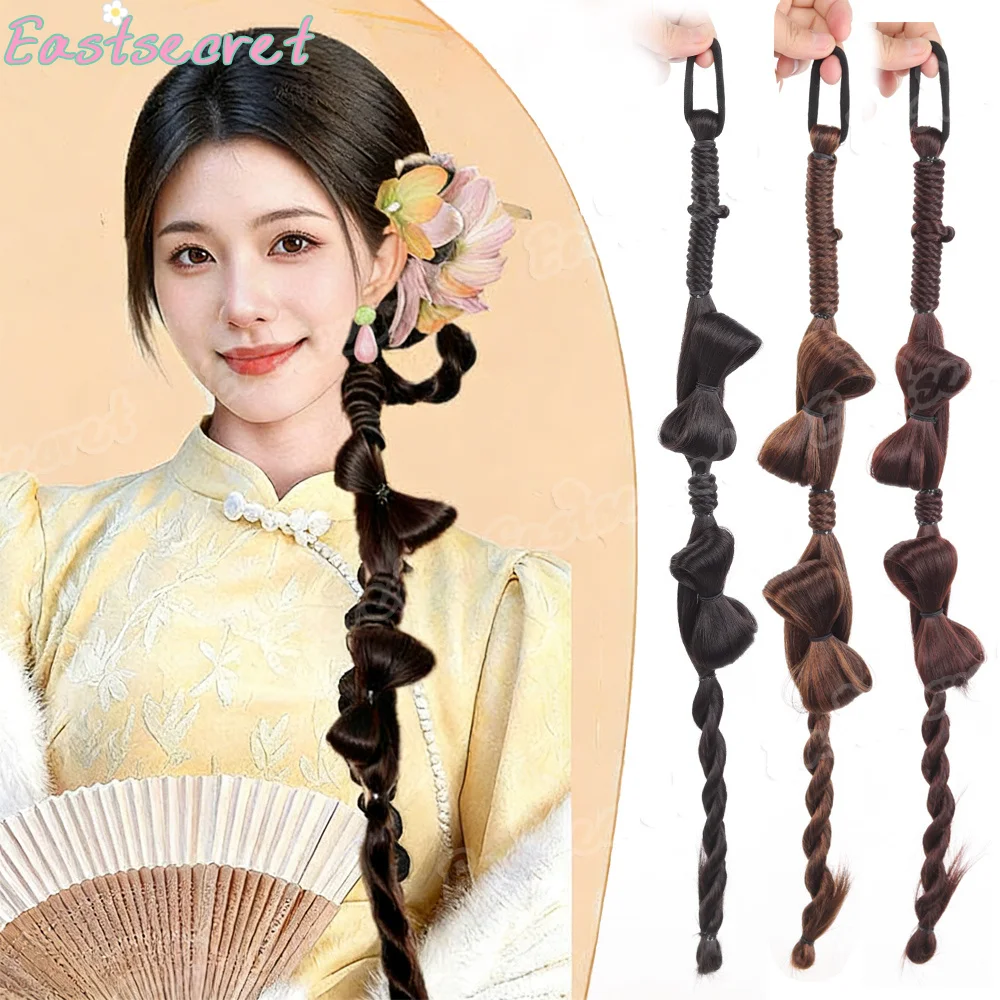 EAST New Chinese style wig with braided hair, female Xiuhe bow, twisted braid design, synthetic wig with ponytail