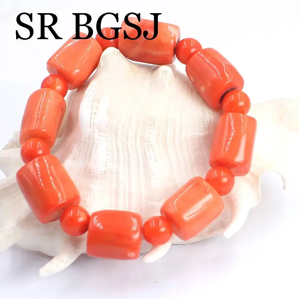 7-9inch 7-8mm 10-14mm Natural Genuine Orange Sea Bamboo Coral Women Men Adjustable Stretchy Bangle Bracelet