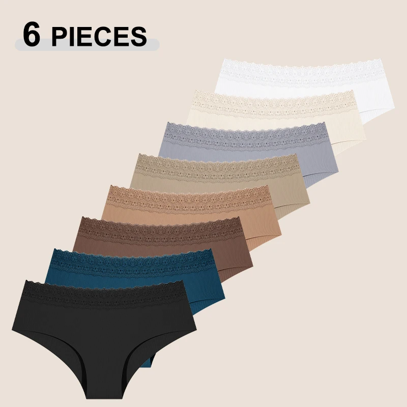 6Pcs/Set Traceless Lace Trim Cozy Panties For Women Sexy Seamless Solid Color Underpants Female High Quality Breathable Lingerie
