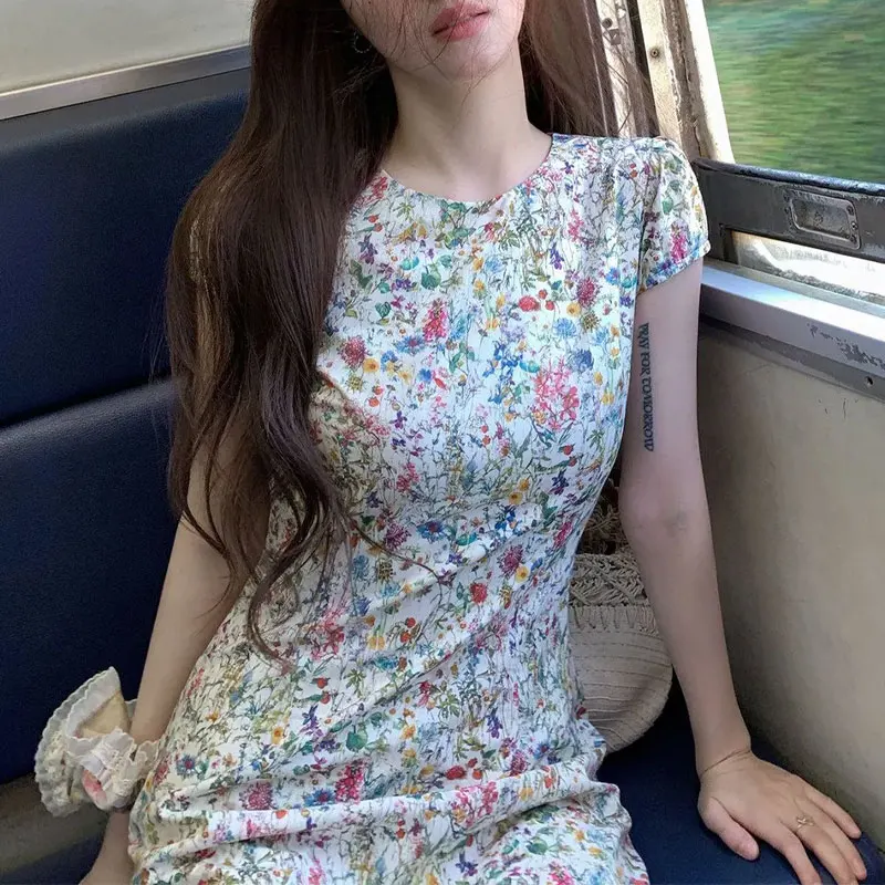 

Monet Broken Flowers Waist Aura Dresses Summer Vintage Printed Female Clothing Round Neck Elegant A-Line Short Sleeve Long Dress
