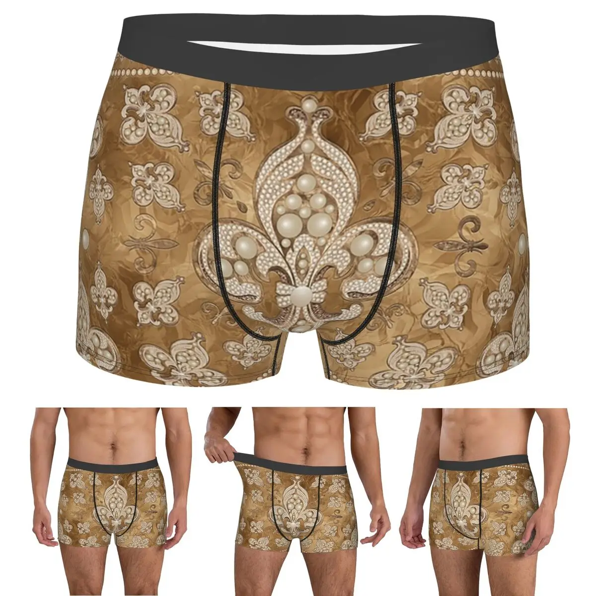 

Boxer Underpants Shorts Fleur-de-lis Luxury Pearl And Gold Panties Men's Soft Underwear for Homme Man Boyfriend Gift