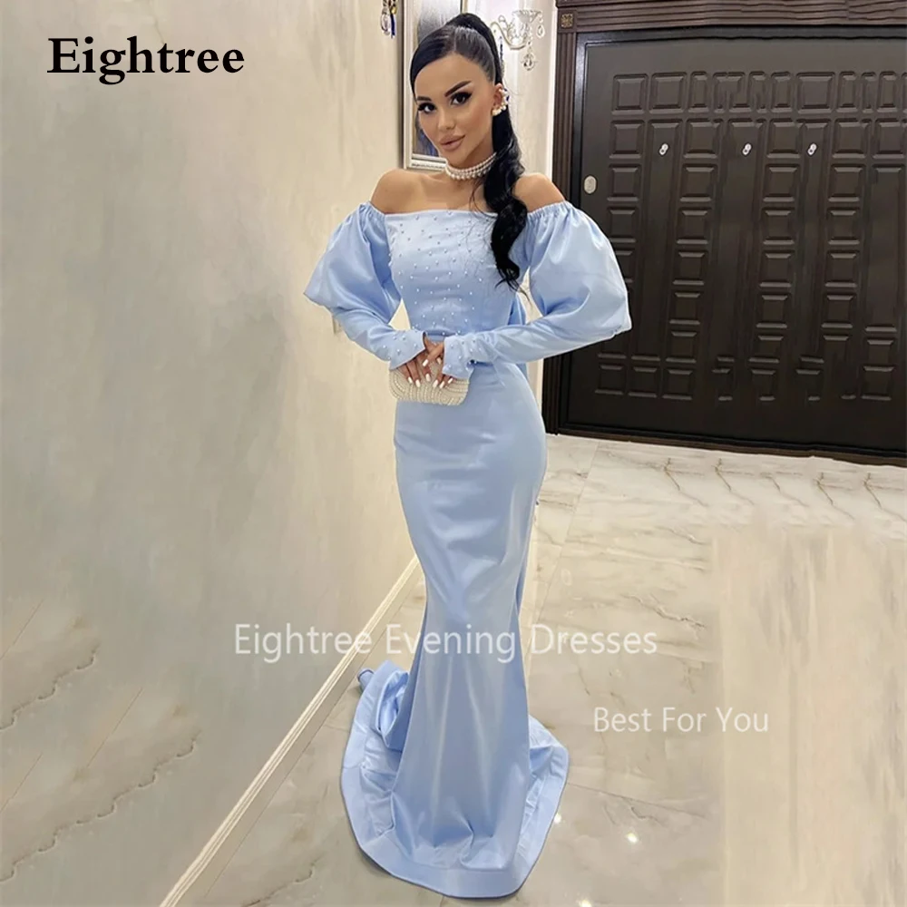 

Eightree Blue Satin Mermaid Evening Dresses Saudi Arabia Puffy Sleeves Prom Dress Beads Vestido De Festa Celebrity Party Gown