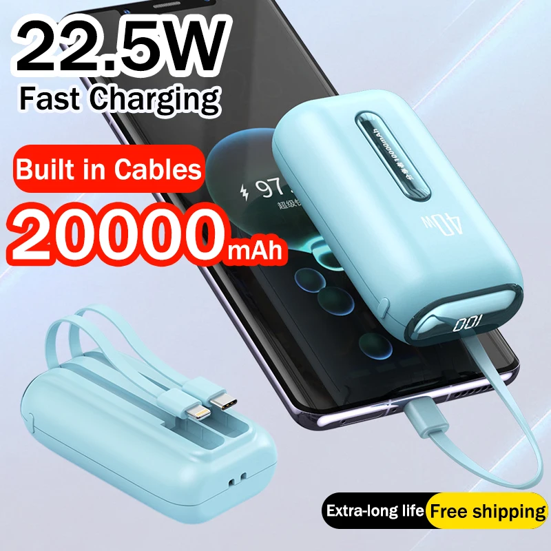 

Мини-Power Bank 22,5 Вт, быстрая зарядка, 20000 мАч, внешняя запасная батарея, встроенные кабели, портативное зарядное устройство для IPhone Xiaomi Powerbank