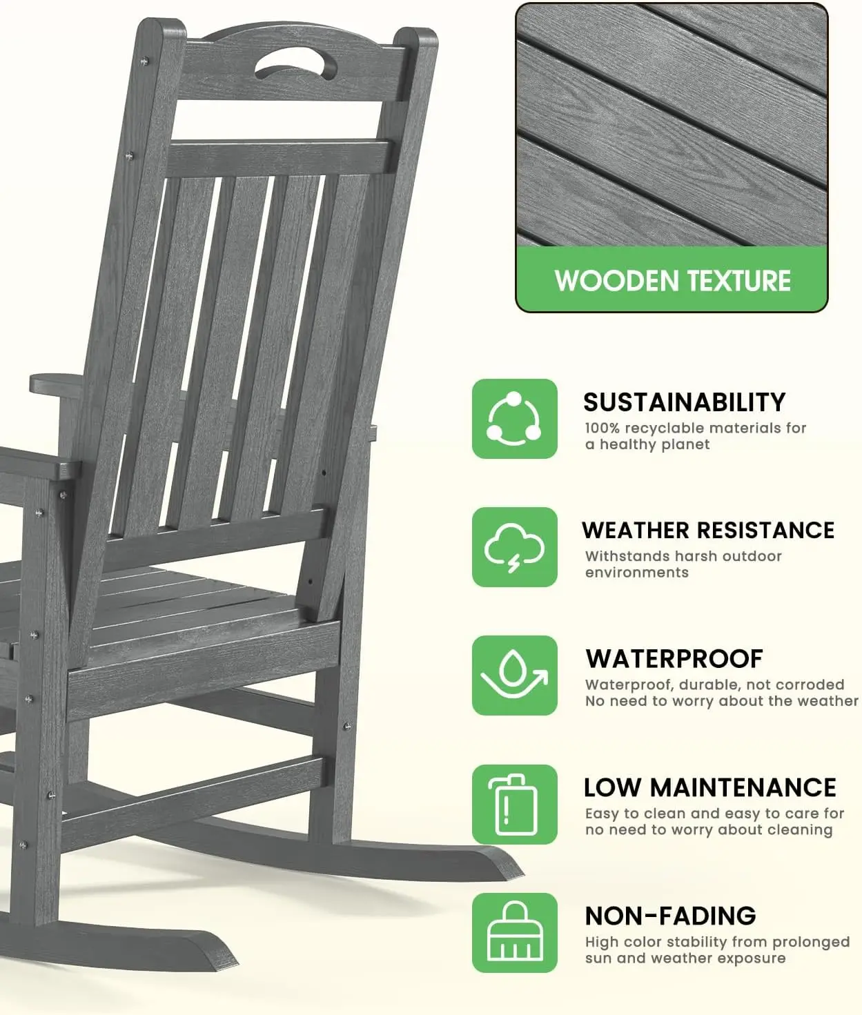 Outdoor Rocking Chair, High Back Porch Rocker Chair, HDPE All Weather Resistant Rocking Chairs for Patio, 380lbs Weight Capacity